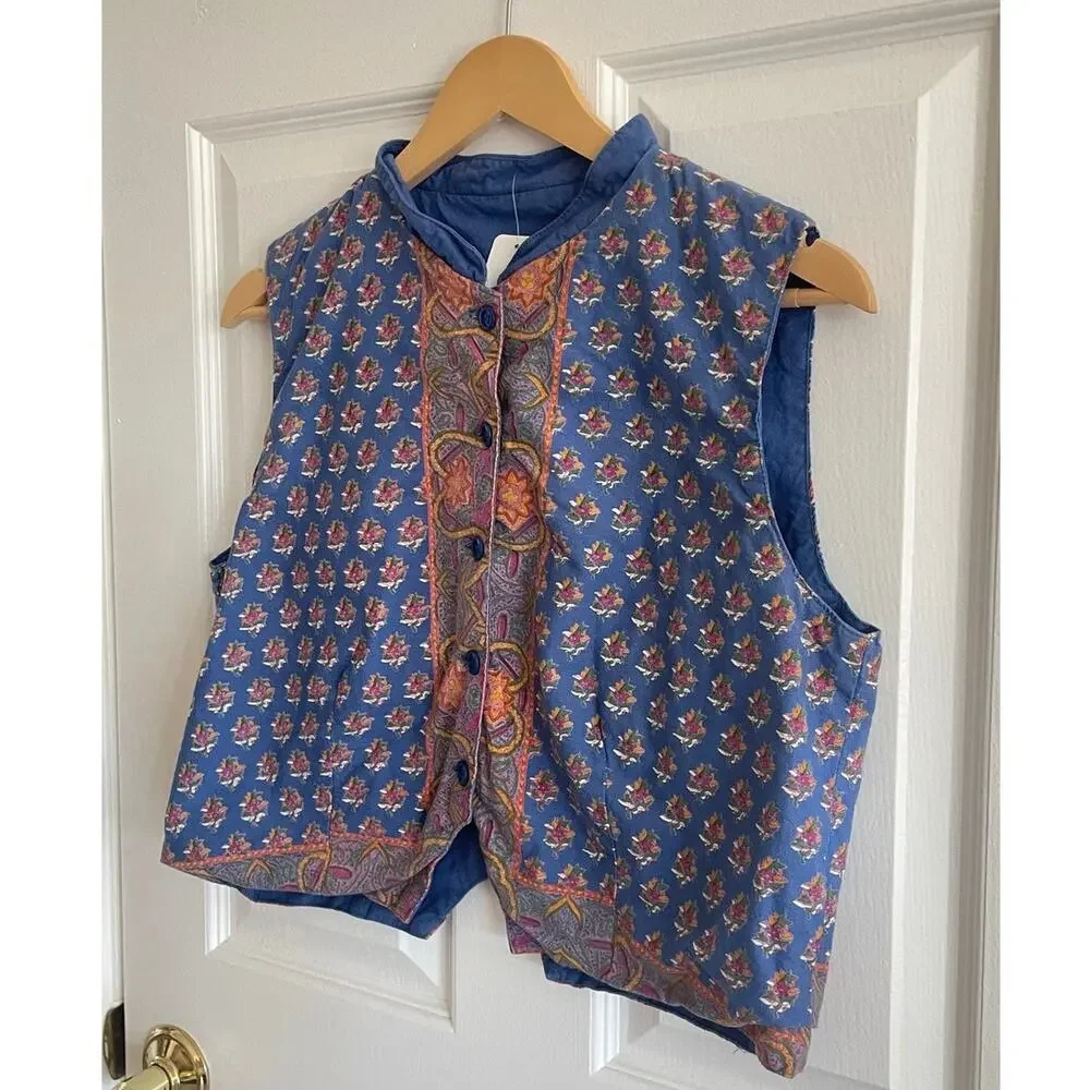 Handcrafted Quilted Cotton Vest Floral Artisan Print S/M - Picture 2 of 6